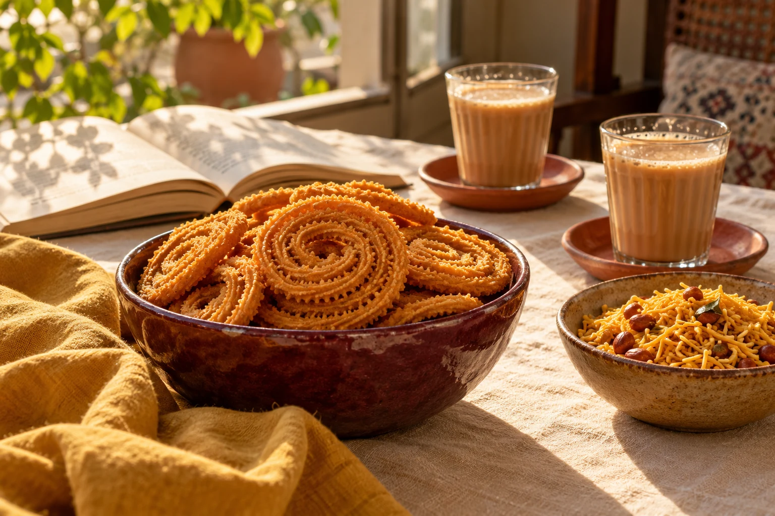 A sunny chai break with Snacky spirals, masala mixture, and two glasses of tea